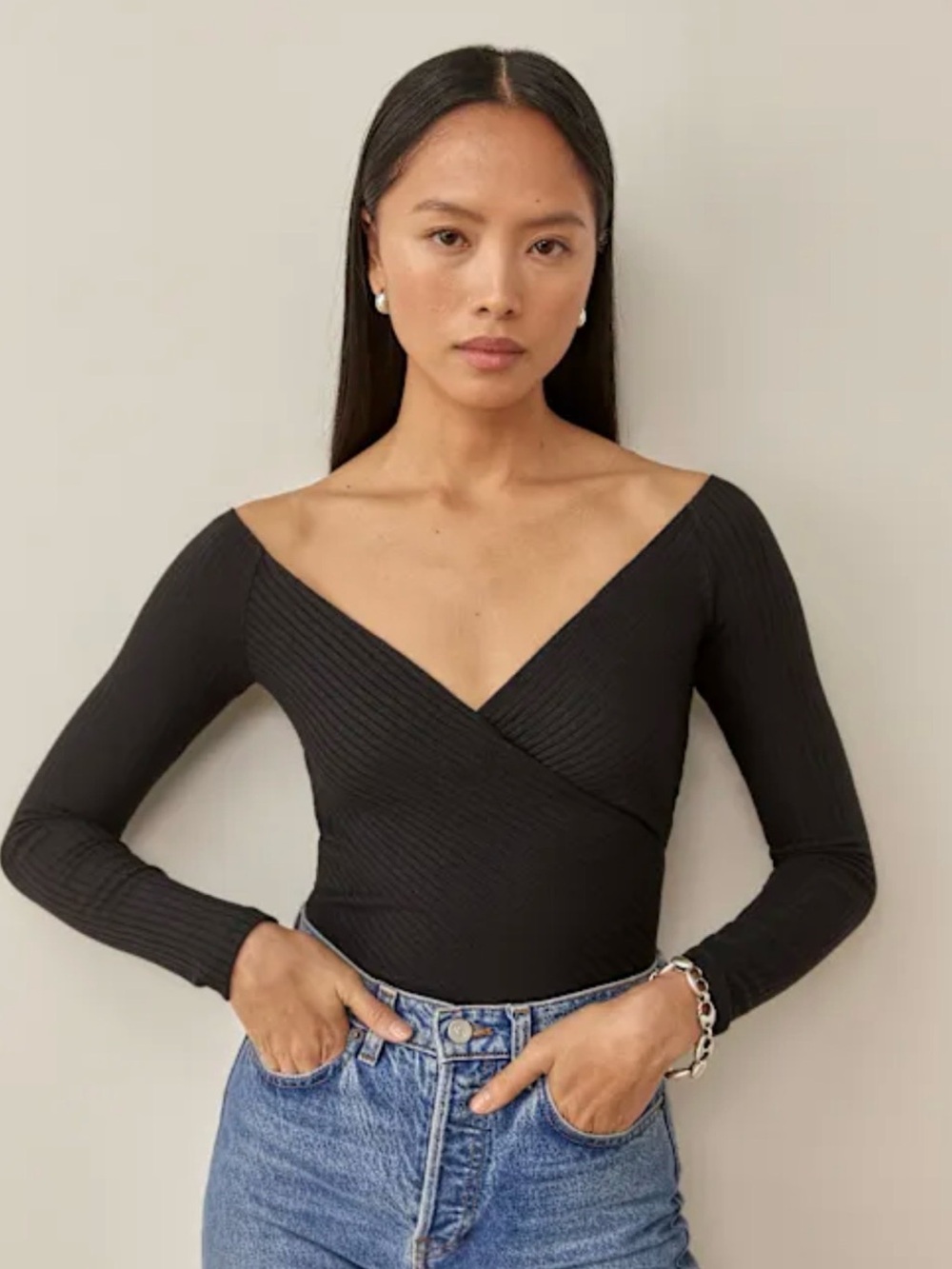 Reformation Ribbed Minnie Long-Sleeve Top - Black
